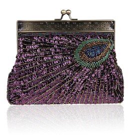 YYW Vintage Clutch Sequin Teal Peacock Unusual Antique Beaded Sequin Evening Handbag Women's Fashion Designer Elegant Purse (Purple)