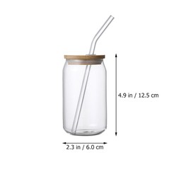 VOSAREA Glass Cups with Bamboo Lids and Straws 2pcs Can Shaped Glass Cups Beer & Ice Coffee Glasses Cute Tumbler Cups for Soda Coffee Tea Cocktail