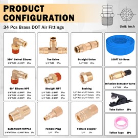 CheeMuii 100 FT 1/4" DOT Air Line with 34 Pcs Brass DOT Air Line Fittings Kit 30.5 Meter 1/4 Blue Air Line Service Kit with Push Lock Air Fitting Air Coupler & Plug Kit
