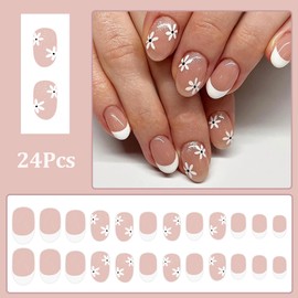 24 Pcs White French Tip Press on Nails Almond Short Fake Nails Spring Floral Nails Reusable False Nails with Flower Pattern Design Glitter Acrylic Nails Press ons Full Cover Stick on Nails for Women
