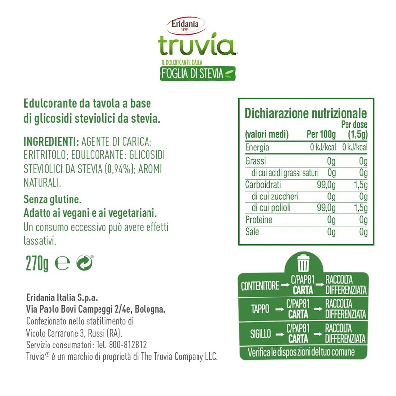 Eridania Truvía - Dolcificante Estratto da Stevia, Confezione da 270