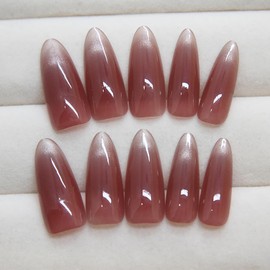 Cat Eyes Press on Nails Long Almond Fake Nails Wine Red RIICFDD False Nails with Solid Color Designs Artificial Sparkly Acrylic Full Cover Shimmering Glue on Nails for Women Nail Decoration 24 Pcs