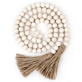 58in Wood Bead Garland with Tassels,Farmhouse Beads Rustic Country Decor Prayer Boho Beads Wall Hanging Decoration (Nature)