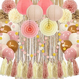 Champagne-Gold Beige Boho Birthday Decorations Women Girls Cream Neutral Balloons Sweet Peach PomPoms Tassel Garland Gold Beige Fans Lanterns for Birthday Party Supplies