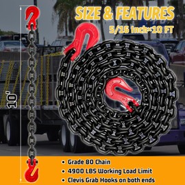 G80 Transport Binder Chain 5/16 Inch×10 Foot|Wll 4900 lbs Tow Chain with Heavy Duty|Trailer Safety Lifting Chain Holder with Clevis Grab Hooks|Truck Tie Down Binding Equipment (Oiled Black)
