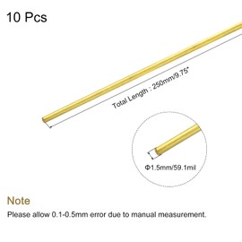 sourcing map Brass Rod,Brass Solid Round Rod 1.5mm/0.06inch Diameter 250mm Length Lathe Bar Stock for RC Model DIY Craft Pack of 10
