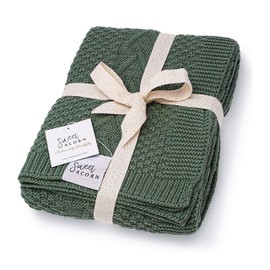Sweet Acorn Knit Baby Blanket in Elegant Pattern, Organic Cotton Blankets for Crib or Stroller, Receiving Blankets - Juniper Green
