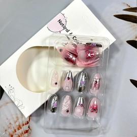 Gradient French Tip Press on Nails Medium Heart False Nails Pearl Rhinestones Fake Nails Reusable Artificial Coffin Nails Full Cover Acrylic Nails Butterfly Stick on Nails Glue on Nails for Women