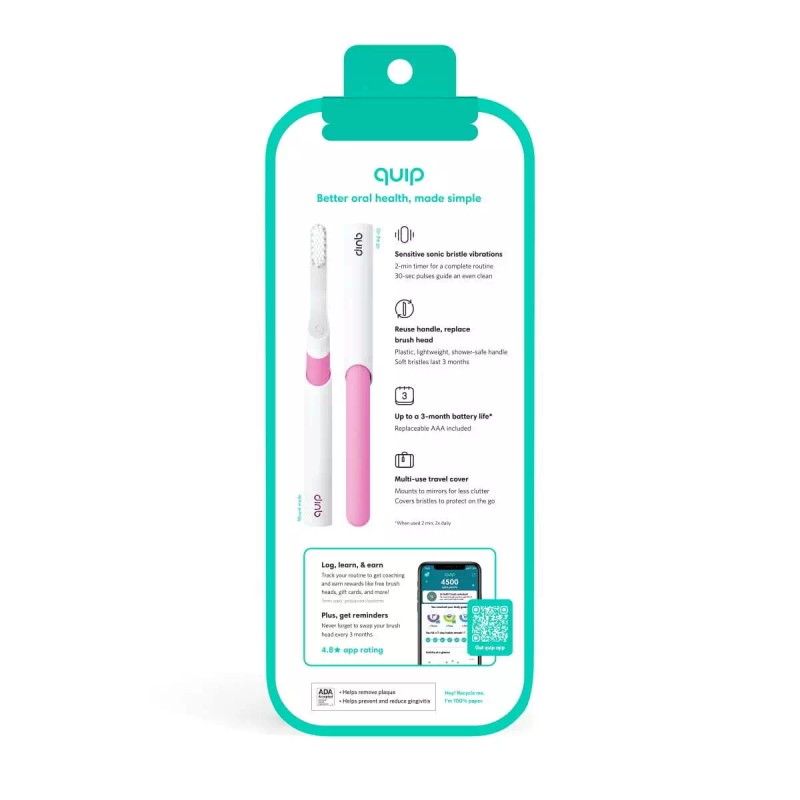 quip Electric Toothbrush, Built-In Timer + Travel Case, Magenta Plastic