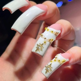 Gleamrain Curved Press on Nails Long Square White French Tip with Star Design Glue on Nail for Women Prom and Party 24pcs
