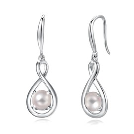 FANCIME White Pearl Dangle Drop Earrings 925 Sterling Silver Dainty Infinity June Birthstone Earring Fine Jewelry Birthday Gifts for Her Women