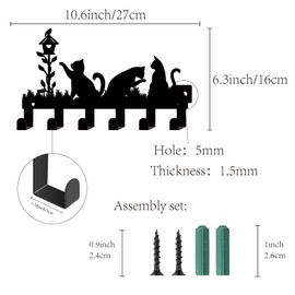 CREATCABIN Key Holder Black Cats for Wall, Key Hanger Metal, Key Organiser, Wardrobe, Key Holder Made of Iron, Wall Mounting Hook, Wall Decoration for Entrance Area, Hallway, 27 x 16 cm