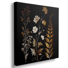 Black Botanical Canvas Wall Art, Vintage Floral Plant Framed Wall Art for Living Room Wildflower Painting Dark Gold Flower Pictures for Bedroom Office Wildflower Aesthetic Wall Decor