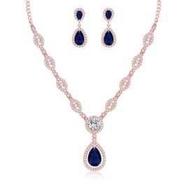 wynn's Wedding Jewellery Set for Women, Silver Necklace Dangle Earrings Set, Rose Gold Bridal Jewellery Set with Sapphire Blue AAAAA Cubic Zirconia, Allergy Free Jewellery Set for Bridal Bridesmaid