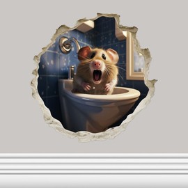 Shocked Mouse On Toilet in Mouse Hole - 3D Wall Sticker Decal, Cartoon Home Decor Vinyl Art, Bookcase, Laptop, Classroom, Kids Room, Bedroom, Children, Adorable