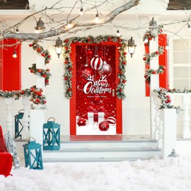 Christmas Door Cover Decor Banner, Merry Christmas Tree Ornament Ball Photography Backdrop, 36 x 81 inches， Easy to Install, and Reusable