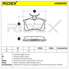 RIDEX Brake Pads Set Brake Blocks Brake Stones Set Rear for 249 mm Brake Discs with Spring ECE-R90 402B0029