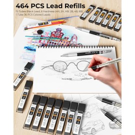 STAGEEK Mechanical Pencil Set with Canvas Bag 30 Count, Drawing Pencils 0.5, 0.7, 0.9MM & 3PCS 2MM Sketching Pencils with 464PCS Lead Refills (6B 4B 2B HB 2H 4H Color) for Artist Drafting Drawing