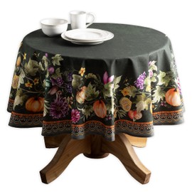 Maison d' Hermine Table Cloth 100% Cotton 63" Diameter Decorative Tablecover Washable Round Tablecloths, Dining, Party, Pumpkin Garden - Dark Green - Thanksgiving/Christmas