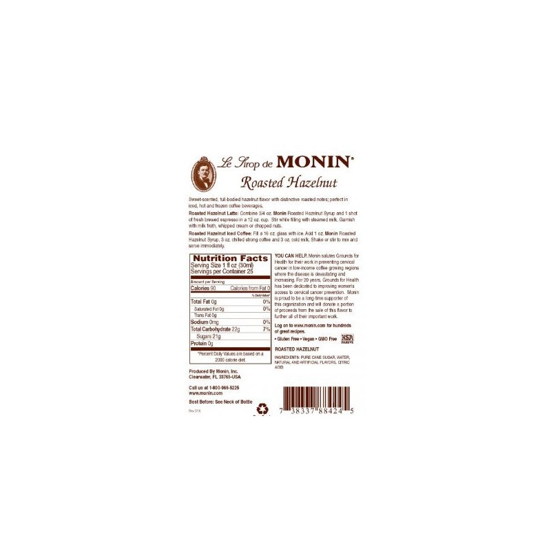 Monin Roasted Hazelnut Syrup, 33.8-Ounce Plastic Bottle (1 liter)