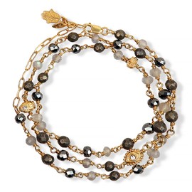 KARMA AND LUCK - Energetic Spirit - Women's Genuine Hematite Pyrite Labradorite Gemstones 18K Gold Plated Brass Evil Eye Triple Protection Wrap Bracelet with Cubic Zirconia Crystals.