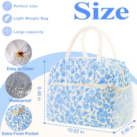 Cute Lunch Box for Women,Insulated Lunch Bag,Reusable Quilted Lunch Tote Bag,Aesthetic Cooler Bag for Adults Work Picnic Travel(Blue)