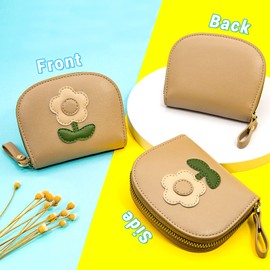 YINHEXI Cute Card Holder Wallet for Women, RIFD Small Leather Zipper Credit Card Holder Wallet for Women with Keychain Wristlet, Business Card Holder and Women (Khaki)