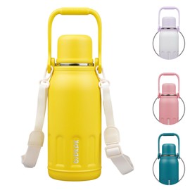 BJPKPK Insulated Thermal 40oz Disherwasher Safe Water Bottle with Handle and Lid Stainless Steel Water Bottles For Cold and Hot Beverages,Yellow