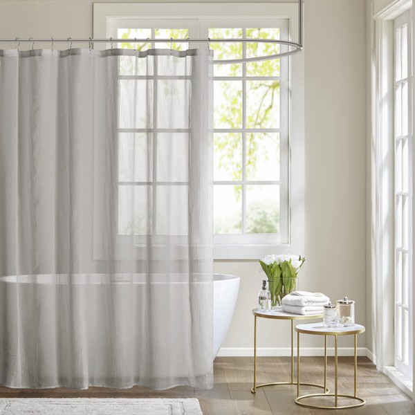 Madison Park Anna Sheers Shower Curtain, Textured Striped Accent Design, Modern Mid-Century Bathroom Decor, Machine Washable, Fabric Privacy Screen 72x72, Grey