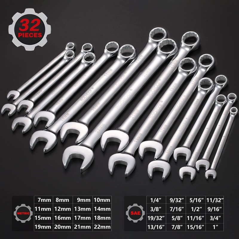 ROCHOOF Combination Wrench Set,32-Piece Chrome Vanadium Steel Wrench Set 12-Point