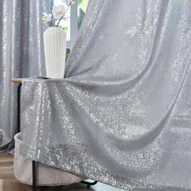 TERLYTEX Silver Curtains for Bedroom, Metallic Foil Dots Printed Glam Sparkle Curtains 63 Inch Length, Grommet Privacy Semi-Sheer Shimmer Curtains, 52 x 63 Inch, 2 Panels, Silver Grey