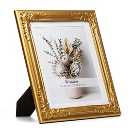 Wontree 8x10 Ornate Vintage Picture Frame Gold with Baroque Flower Trim, Solid Wood with Real Glass, Display 10x12 Photos Matted to 8x10, Vertical and Horizontal Desk Tabletop or Wall Hanging