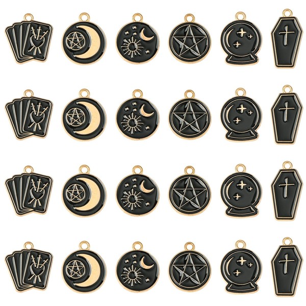 KitBeads 60Pcs 6 Styles Black Tarot Charms Enamel Magic Circle
