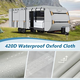 Travel Trailers RV Cover for 18-20 ft, 420D Duty Oxford PU Waterproof UV Proof Protection RV Cover with Side Zipper Windproof Straps, Vents & Travel Trailer Camper Cover Accessories