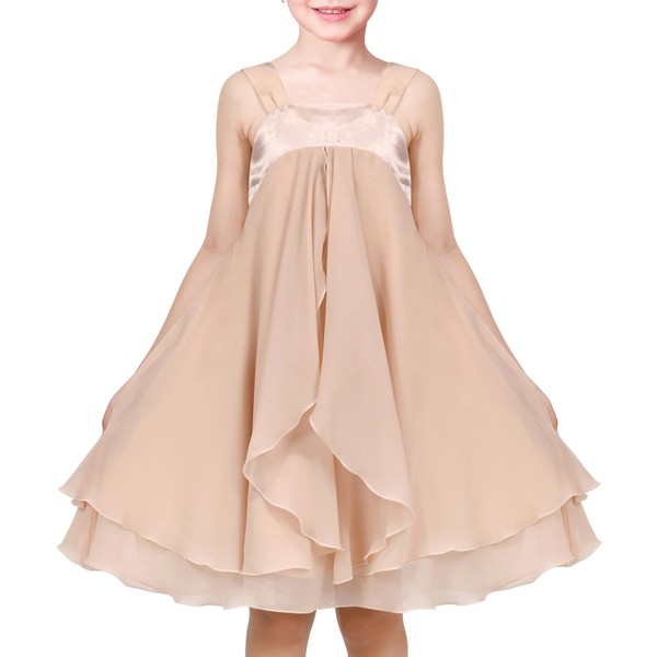 Girls Dress Beige Ruffle Halter Party Layer Chiffon Summer Sleeveless