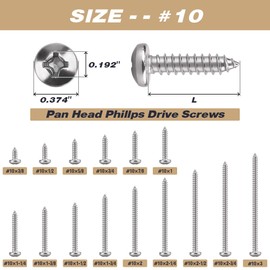 #10 x 1-1/2" Pan Head Phillps Drive Self Tapping Screws, 304 Stainless Steel, Round Head Sheet Metal Tek Screws, 50 PCS