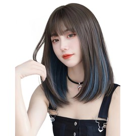 Limakara Wig Medium Straight Inner Color Natural Wigs Full Wig Semi Long Layers Women Wig With Net (brown, blue)