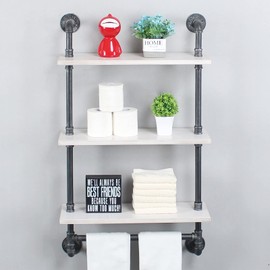Industrial Pipe Shelving,Iron Pipe Shelves Industrial Bathroom Shelves with Towel bar,24in Rustic Metal Pipe Floating Shelves Pipe Wall Shelf,3 Tier Industrial Shelf Wall Mounted,Retro White