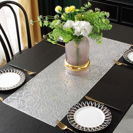 Hosoncovy Hollow Rose Table Runner Non-slip Decorative PVC Table Mats Placemat Heat Resistant Mats for Home Party Kitchen Dining Wedding Decor (92CM X 33CM) (Silver)