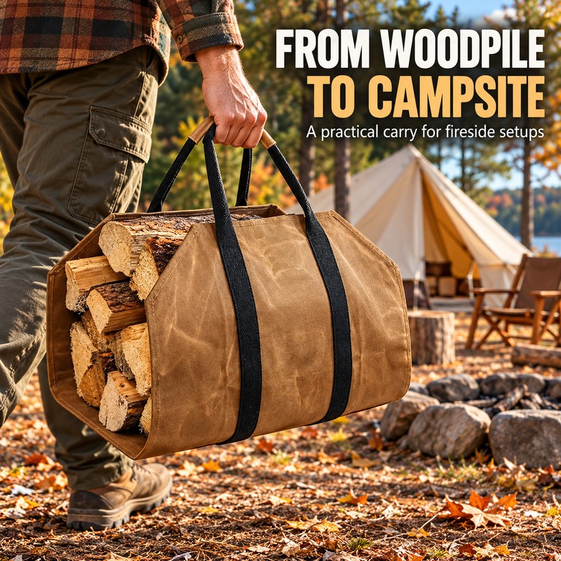 Waxed Canvas Firewood Carrier Bag with Reinforced Handles, Water-Resistant Log
