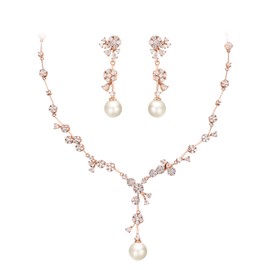 EVER FAITH Pearl Jewellery Set Wedding Round Cubic Zirconia White Simulated Pearl Floral Cluster Necklace Earrings Set White Silver Tone, Cubic Zirconia, Cubic Zirconia