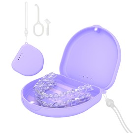 Retainer Case, Compatible with Invisalign, Slim Aligner Case with Vent Holes, Portable Orthodontic Case with Removal Tool, Brush and Lanyard, Purple