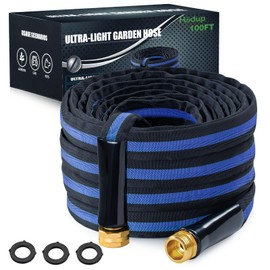 HODUP Ultra Lightweight 100FT Garden Hose - Heavy-Duty Kink-Free Flexible Hose, Non-Expanding Design with Aluminum Brass Fittings, Crush-Proof for Yard/Lawn/Outdoor Use(black-blue, 100 FT)