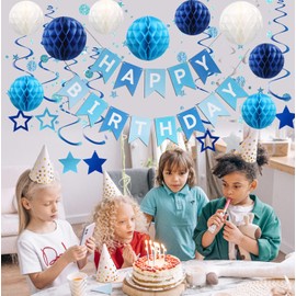 Msyzy Birthday Decorations, Happy Birthday Banner with Honeycomb Balls, Stars Hanging Swirl Streamers, Star Circle Dot Hanging Garland, Happy Birthday Party Decorations for Women Men Boys Girls（Blue)