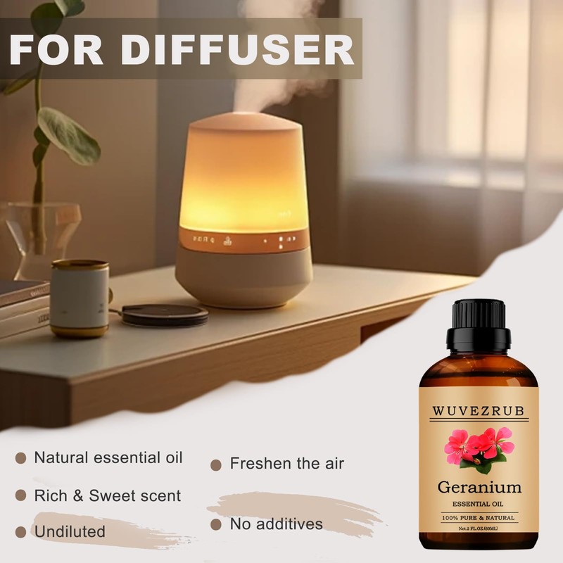 Wuvezrub Geranium Essential Oil, 60ML Pure and Natural for Aromatherapy