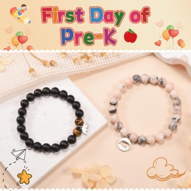 YELUWA 2 Pcs First Day of Pre-K Bracelet Gift Bear Bracelet Set for Mother and Son Natural 8mm Stone Bead Bracelet Mommy and Me Back to School Bracelet Kindergarten School Gift(Pink & Black)