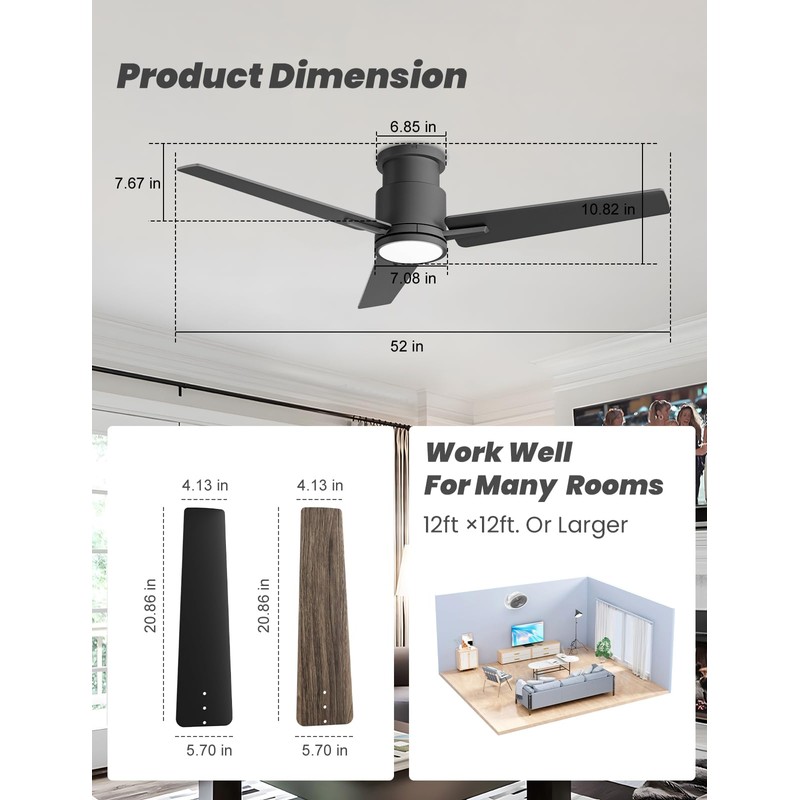 CJOY Ceiling Fan with Lights, 52 Inch Low Profile Ceiling
