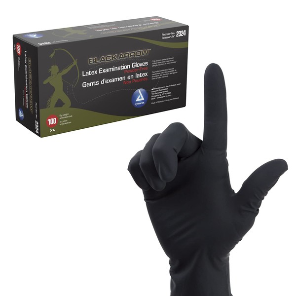 Dynarex Black Arrow Disposable Latex Exam Gloves, Powder-Free, Used in Healthcare and Professional Settings, Law Enforcement, Tattoo, Salon or Spa, Black, Extra-Large, 1 Box of 100 Gloves