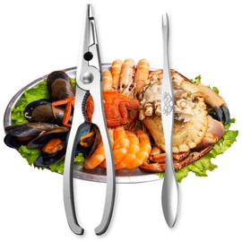 CHEFZOCO Seafood Tongs and Fork Seafood Tools Tongs and Fork for Shellfish Seafood Opening Set Stainless Steel