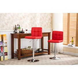 Roundhill Furniture Swivel Red Bonded Leather Adjustable Hydraulic Bar Stool, Set of 2